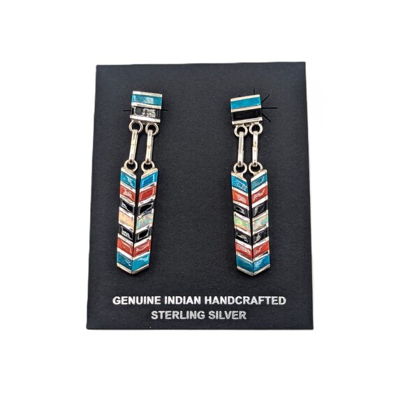 Zuni Multi Stones Inlay Dangle Earrings Sterling Silver Handmade Jewelry ** - Picture 3 of 10